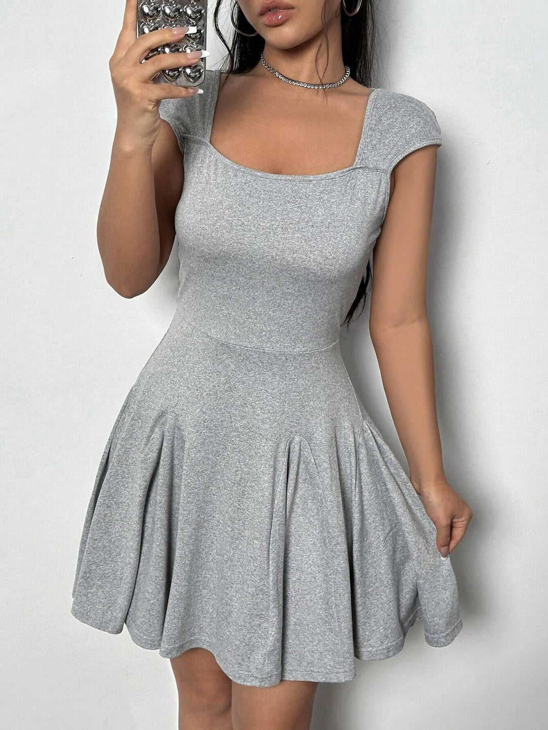 Grey Square Neck Strappy Backless Skater
