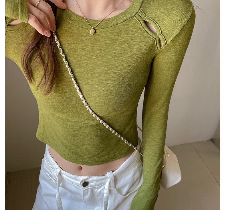 Green Full Sleeve Crew Neck Fitted Top