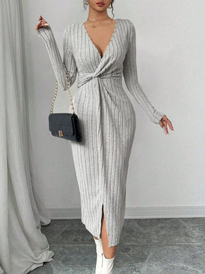 Grey Full Sleeve Front Twisted Dress