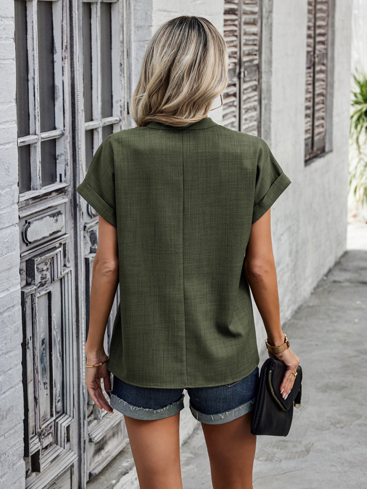 Green V Neck Mandarin Collared Blouse