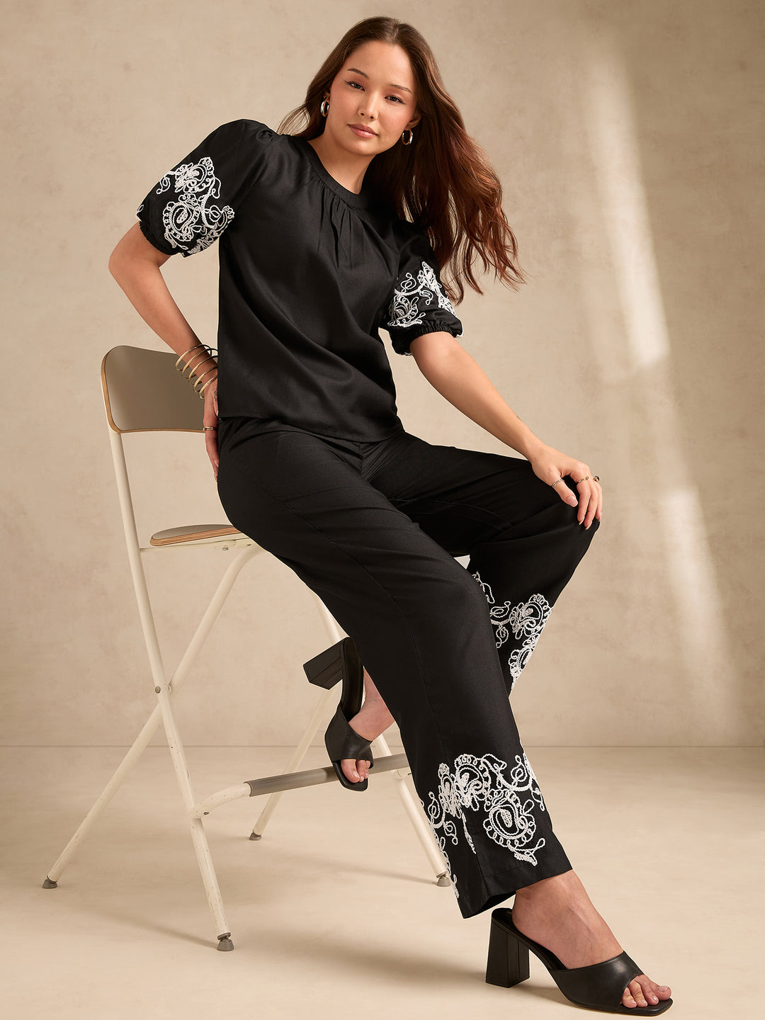 Black Co-Ord Set Embroidered Top With Straight Leg Trouser