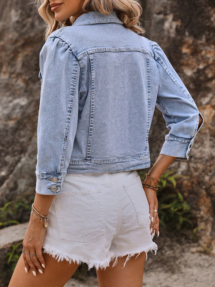 Light Blue Fitted Washed Denim Jacket