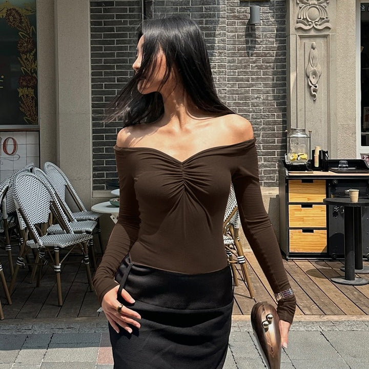 Brown Off Shoulder Front Knot Top