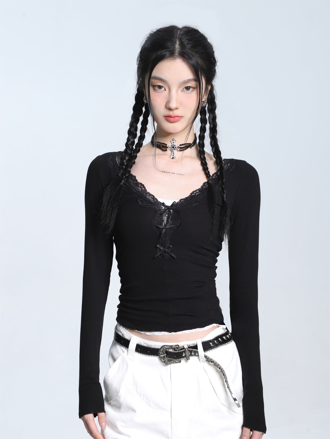 Black Flat Knit Top With Bows