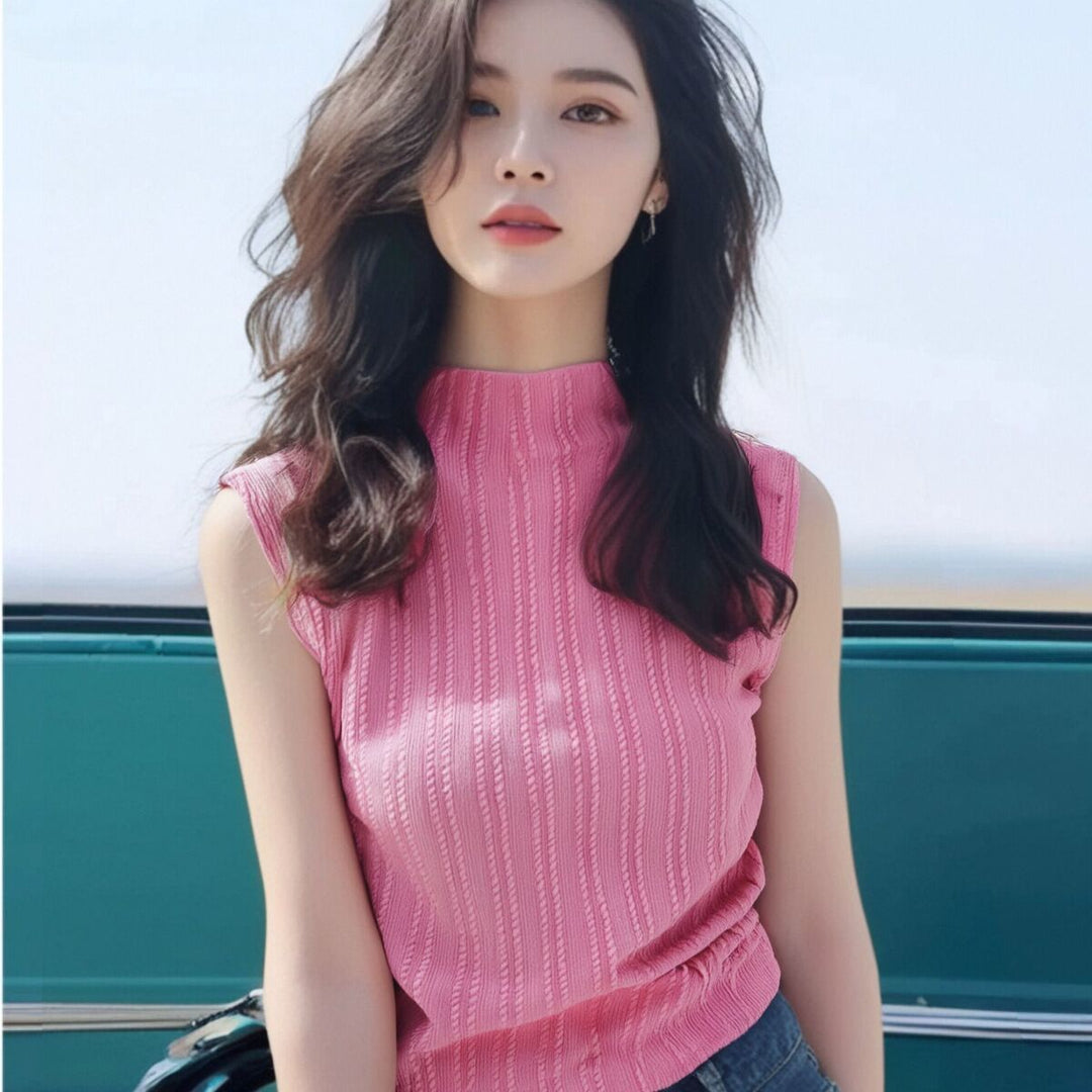 Pink High Neck Textured Tank