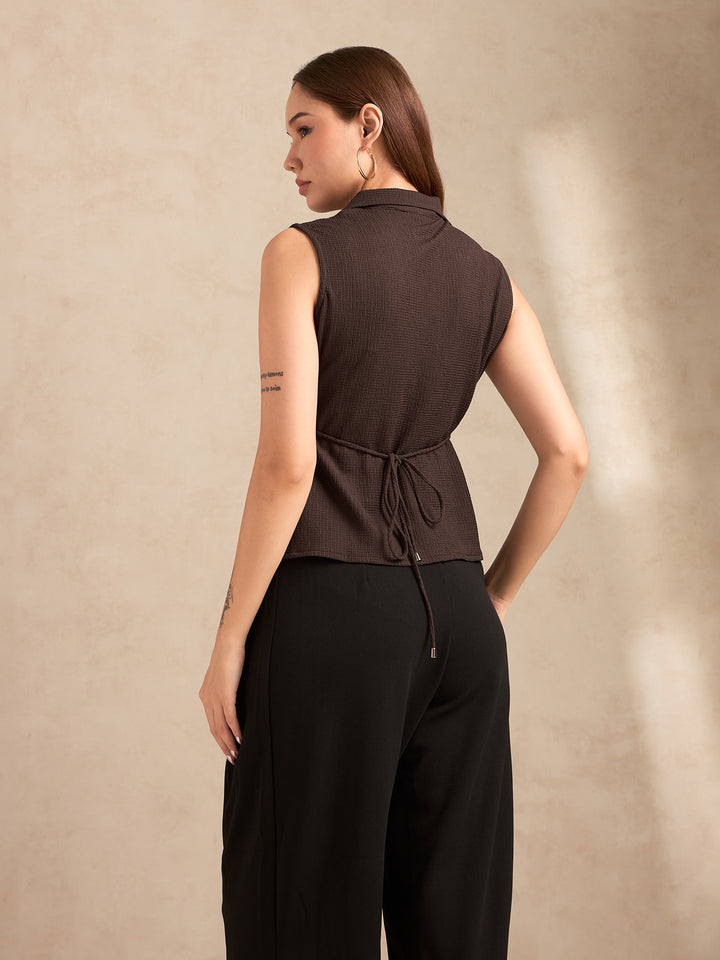 Brown Sleeveless Blazer Top With Wrap Tie Up