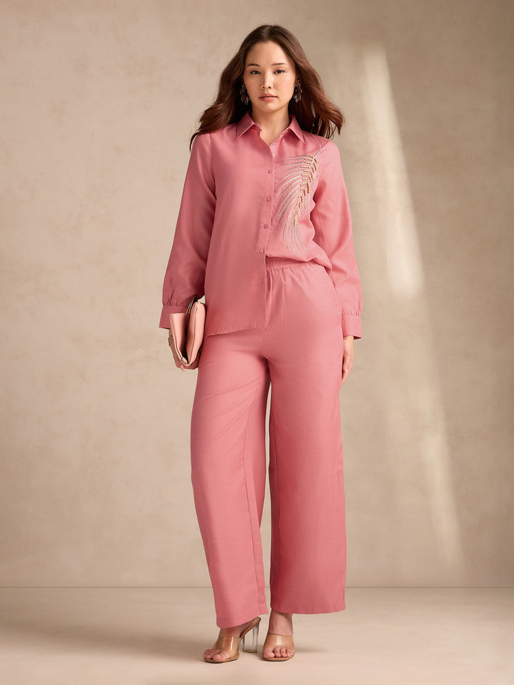 Rust Embellished Coord Set With Oversized Shirt And Wide Leg Trouser