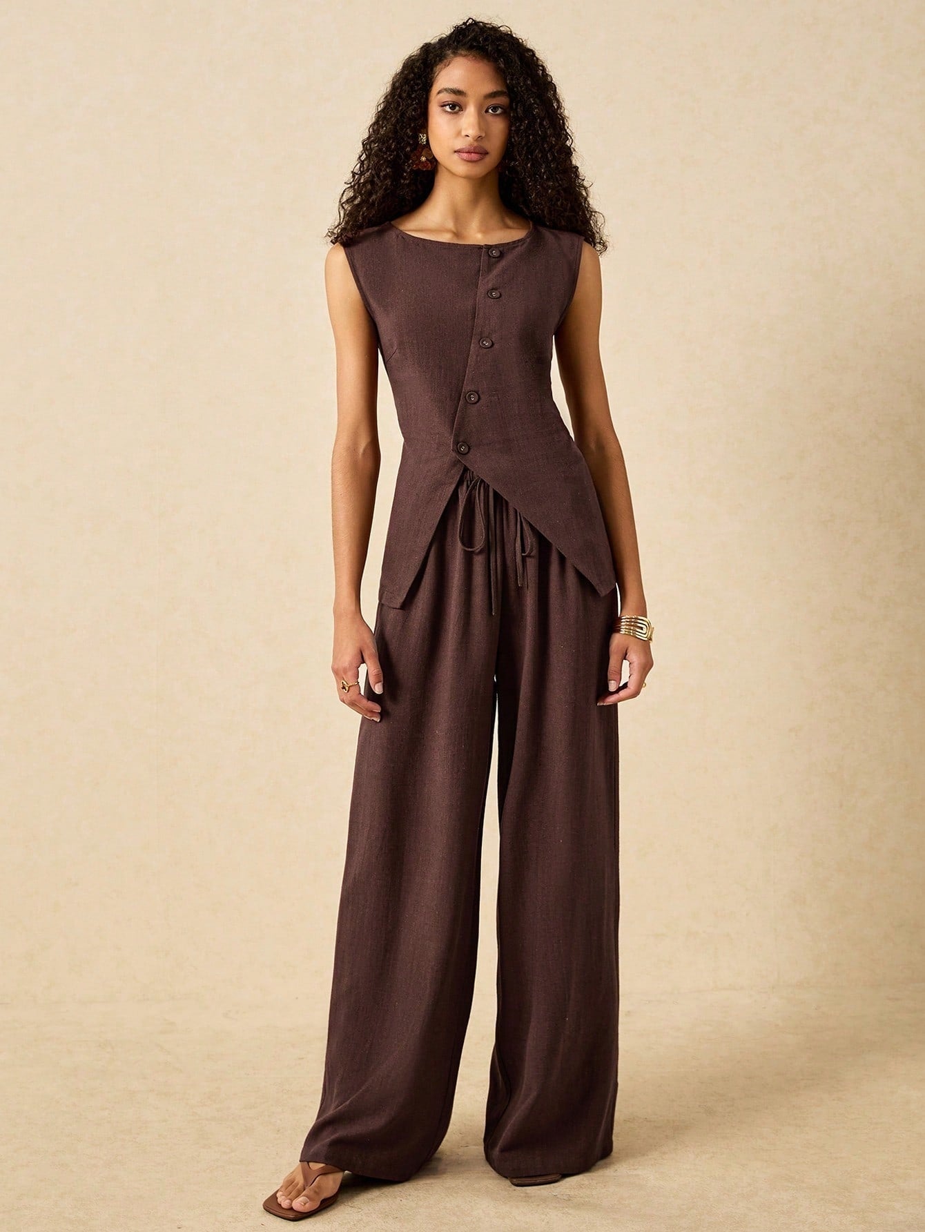 Brown Sleeveless Front Buttoned Vest And Pant Set