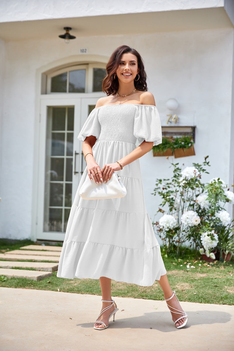 White Square Neck Puff Sleeved Tiered Dress