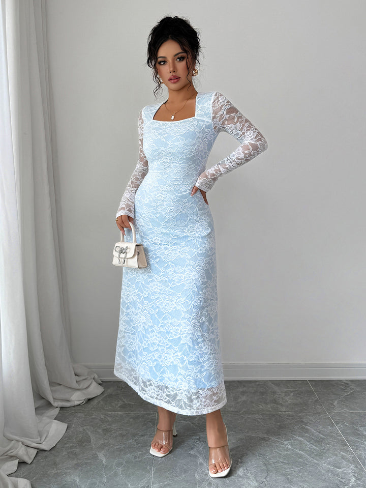 Blue Full Sleeve Square Neck Lace Dress