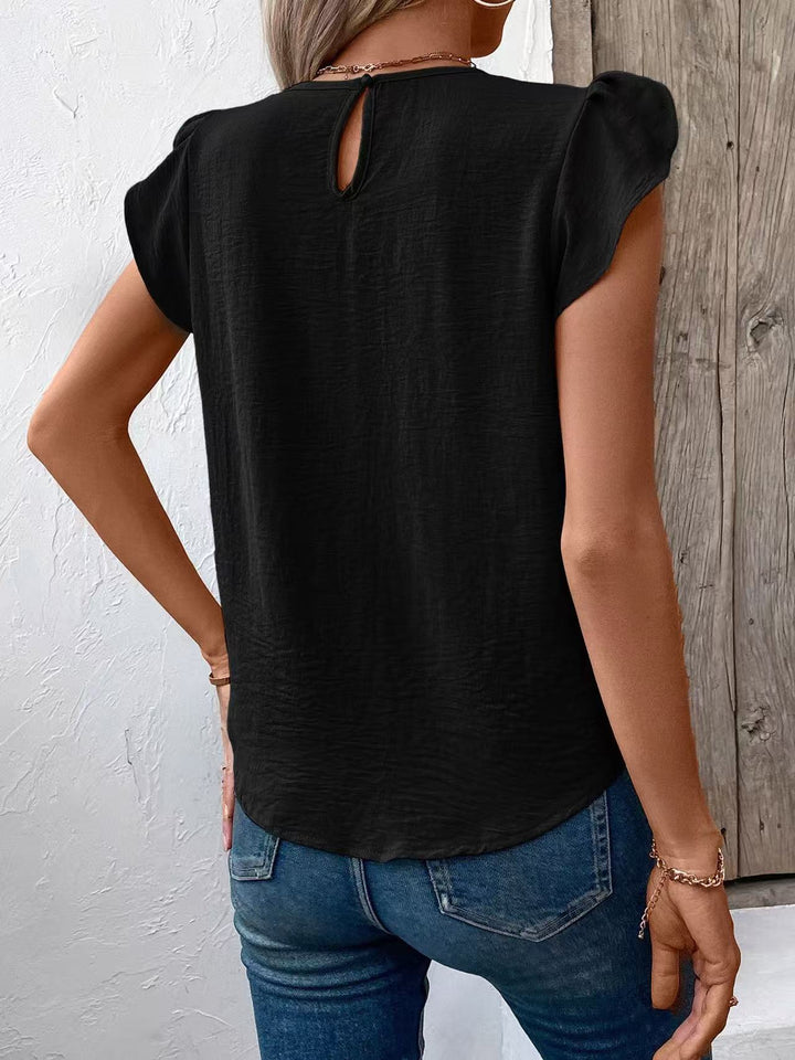 Black Petal Sleeve Round Neck Top