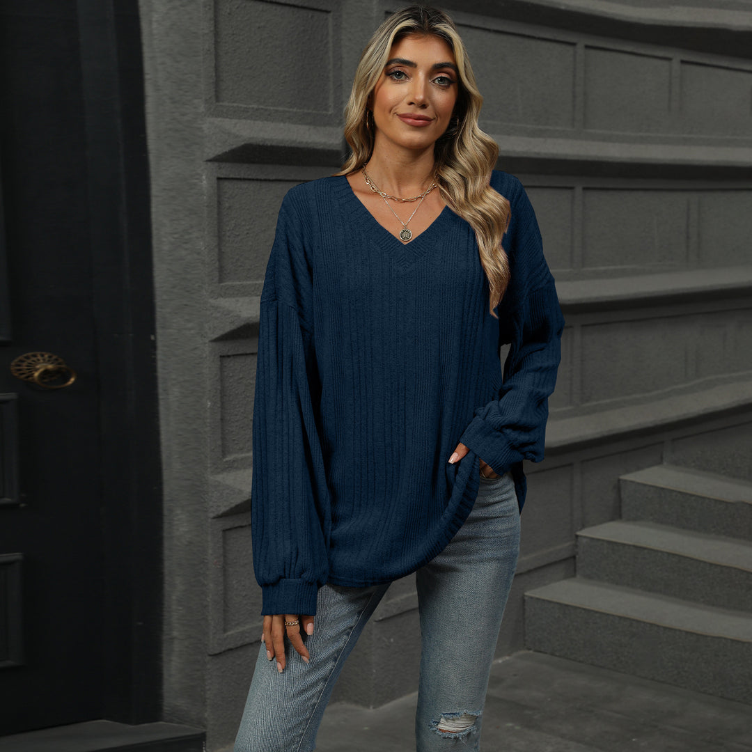Navy Blue Bishop Sleeve Solid Relaxed Top