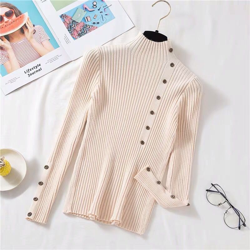 Off White Full Sleeve Button Trim Fitted Sweaters