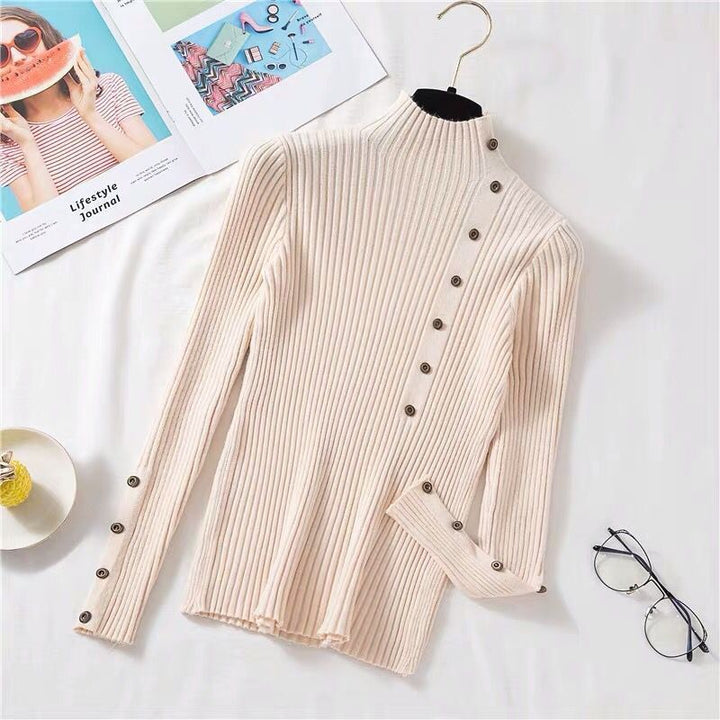 Off White Full Sleeve Button Trim Fitted Sweaters