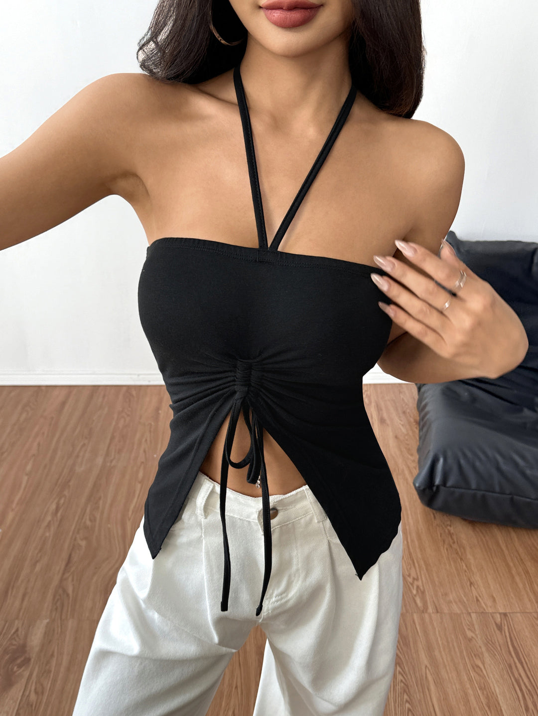 Black Halter Neck Front Ruched Top