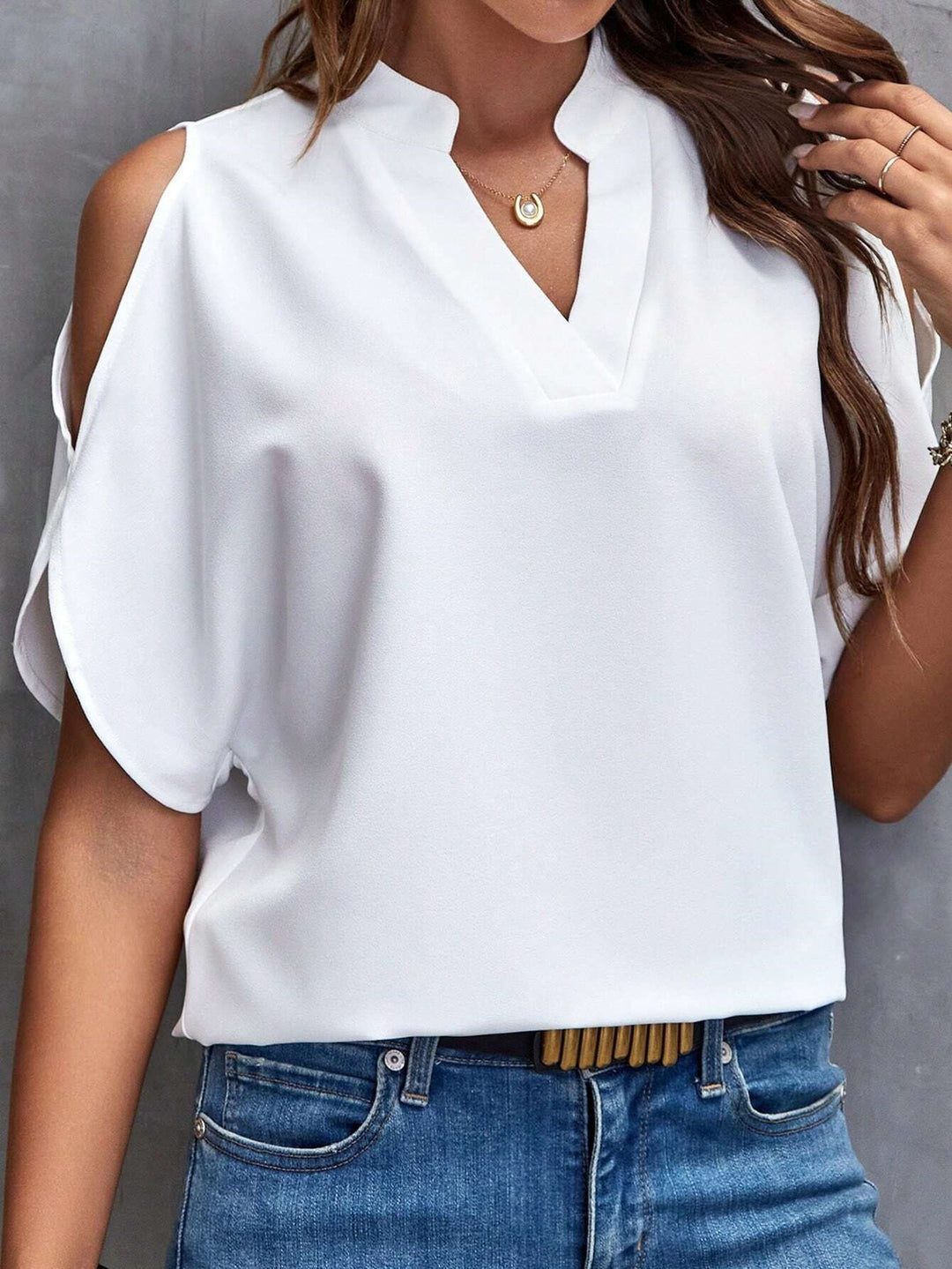 White Mandarin Collar Cold Shoulder Top