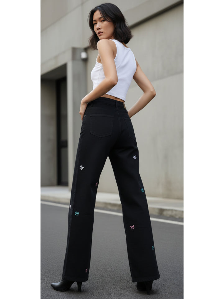 Black High Waist Bow Printed Wide Leg Jeans