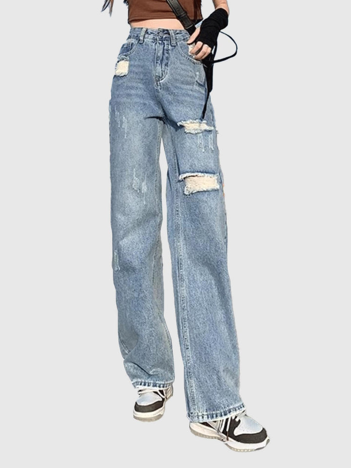 Blue Distressed Washed Straight Fit Denim
