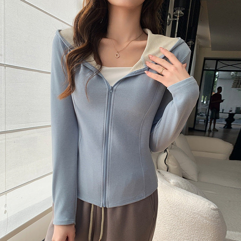 Grey Full Sleeves Front Zip Hooded Jacket