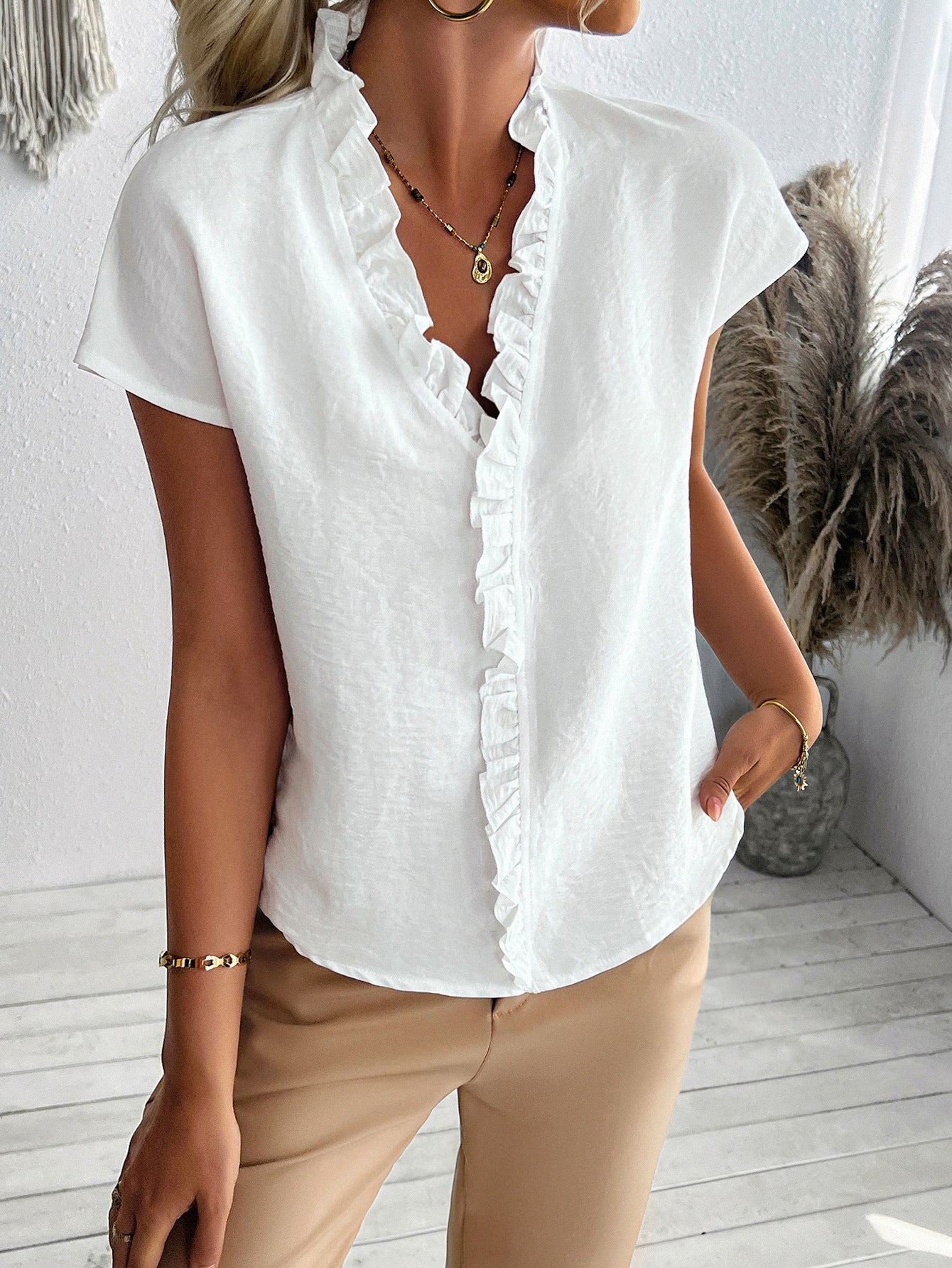 White Half Sleeved Ruffle Detail Top