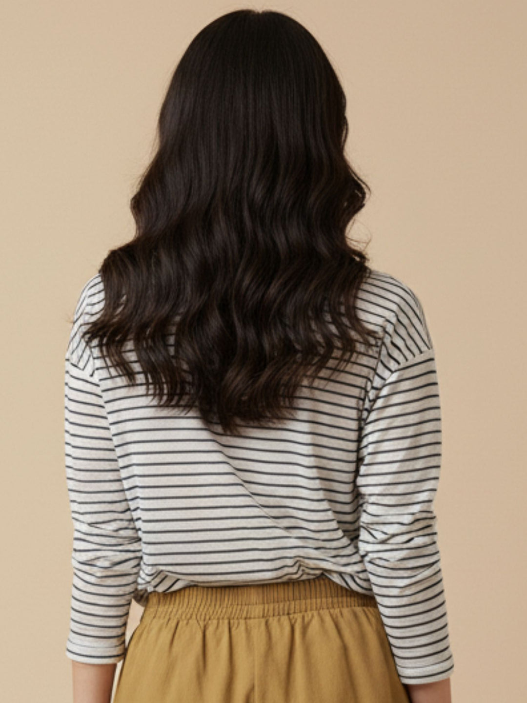 White Full Sleeve Striped Relaxed Round Neck T Shirt