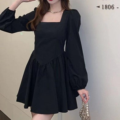 Black Square Neck Full Sleeve Fit And Flare Dress