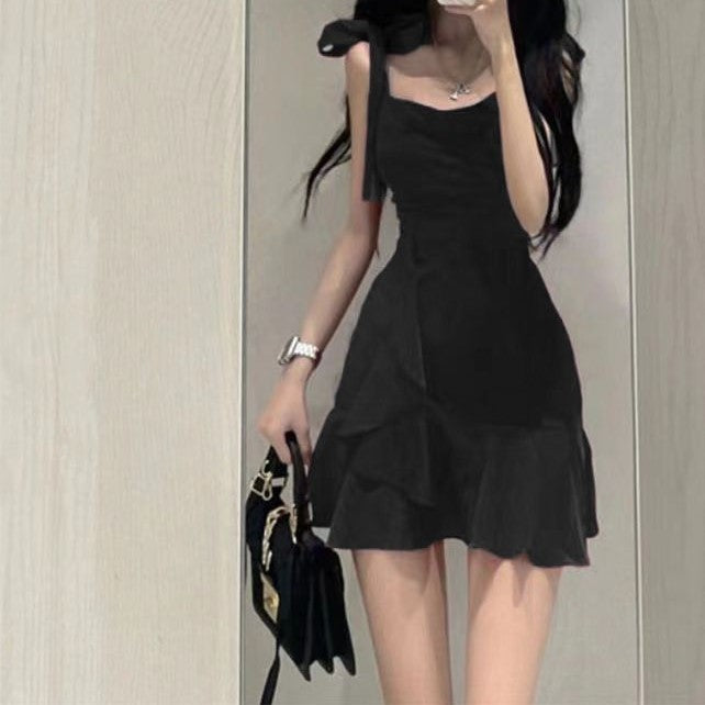 Black Waterfall Ruffle With Hem Ruffle Mini Dress
