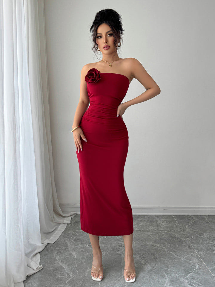 Red Strapless Flower Attached Dress