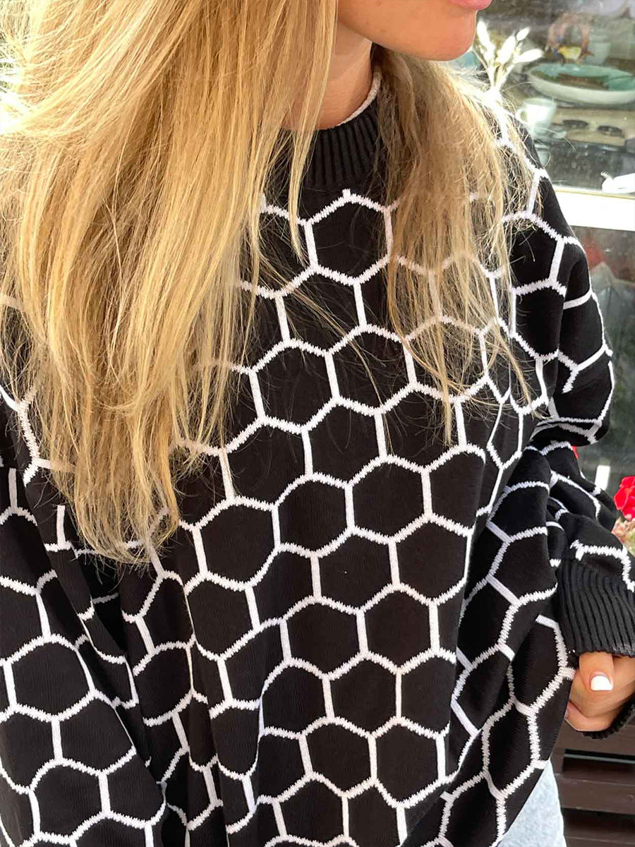 Black Oversized Honey Comb Printed Sweater