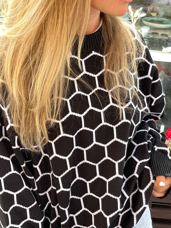 Black Oversized Honey Comb Printed Sweater