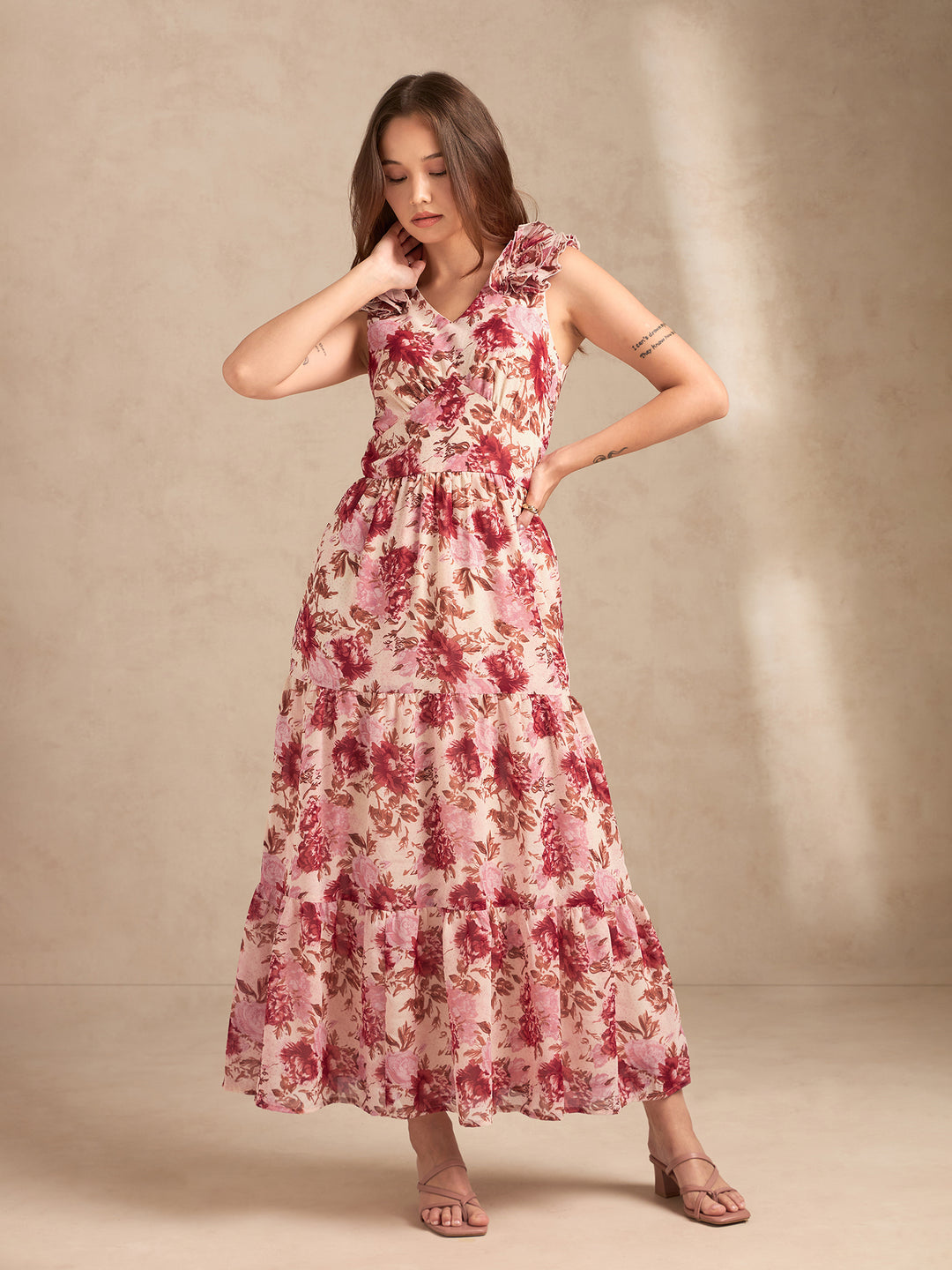 Multi Floral Printed Maxi Dress With Ruffle Detailing