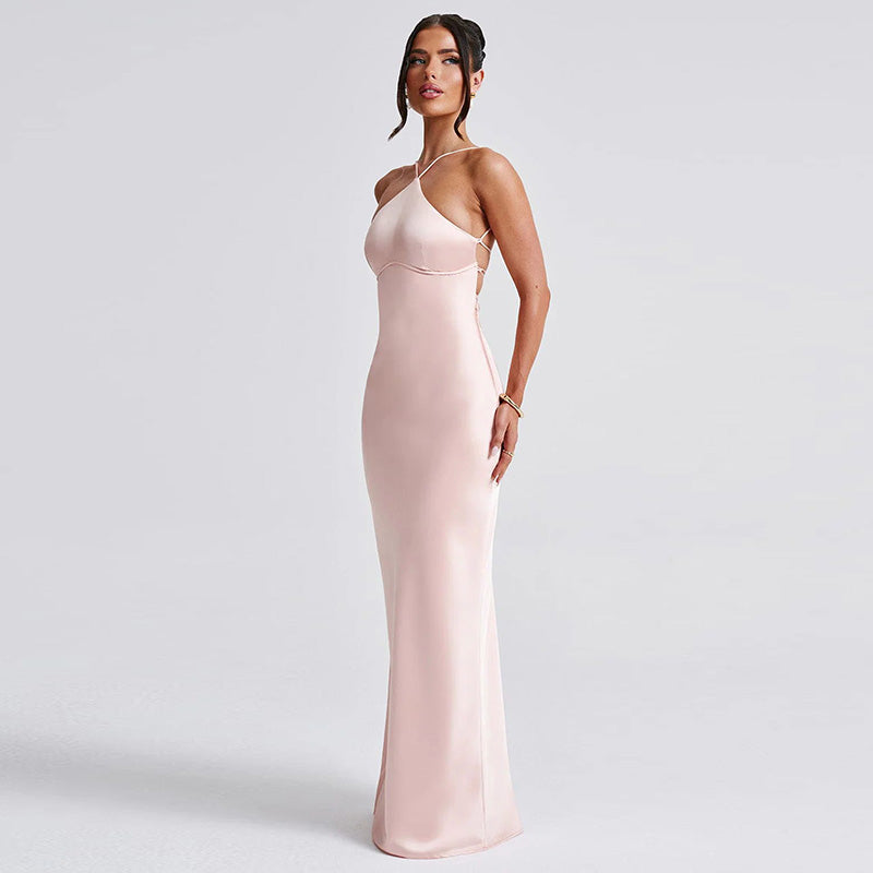 Pink Halter Neck Fit & Flare Evening Wear Dress