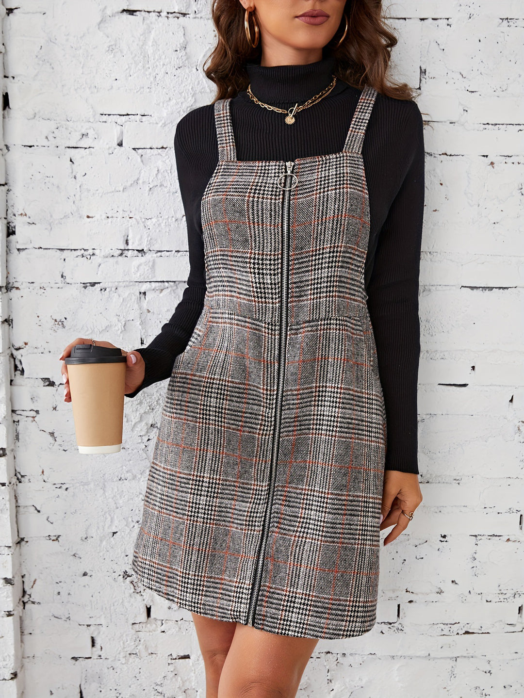 Grey Checkered Zipper Pinafore Dress