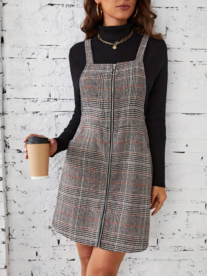 Grey Checkered Zipper Pinafore Dress