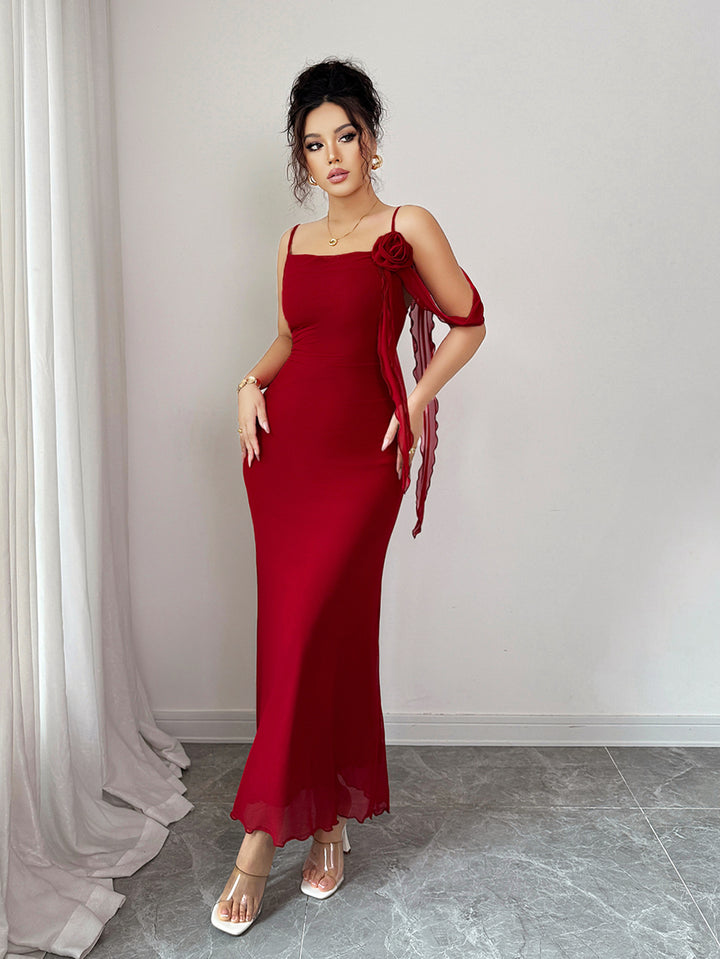 Red Spaghetti Strap Flower Detail Dress