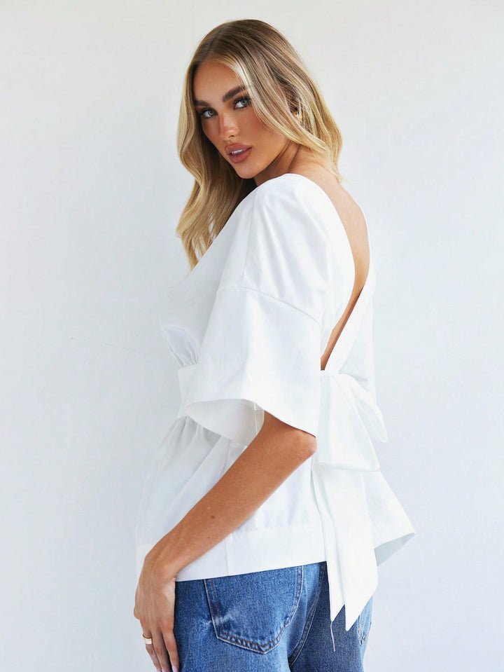 Beige Back Plunge Neck With Bow Detailing Top