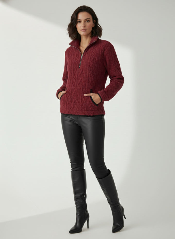 Wine Zip Up Collared Textured Sweater With Pockets