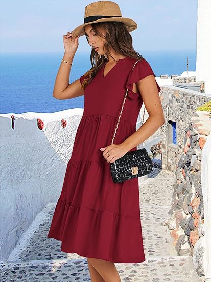 Burgundy High V Neck Tiered Dress With Pockets
