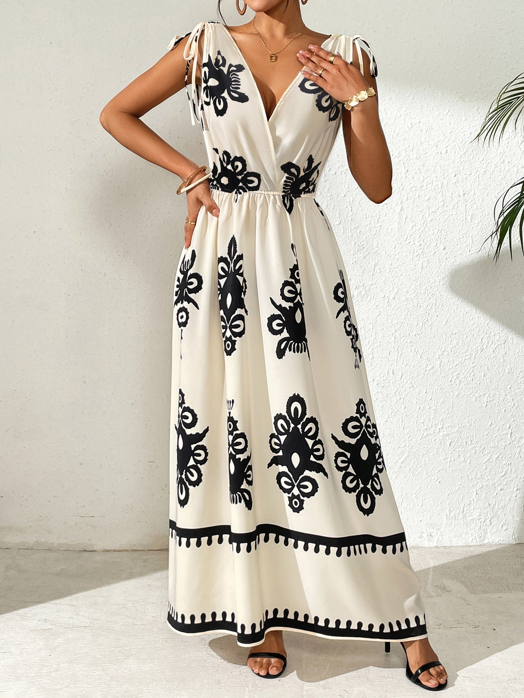 White Plunge Neck Printed Tie Up Dress