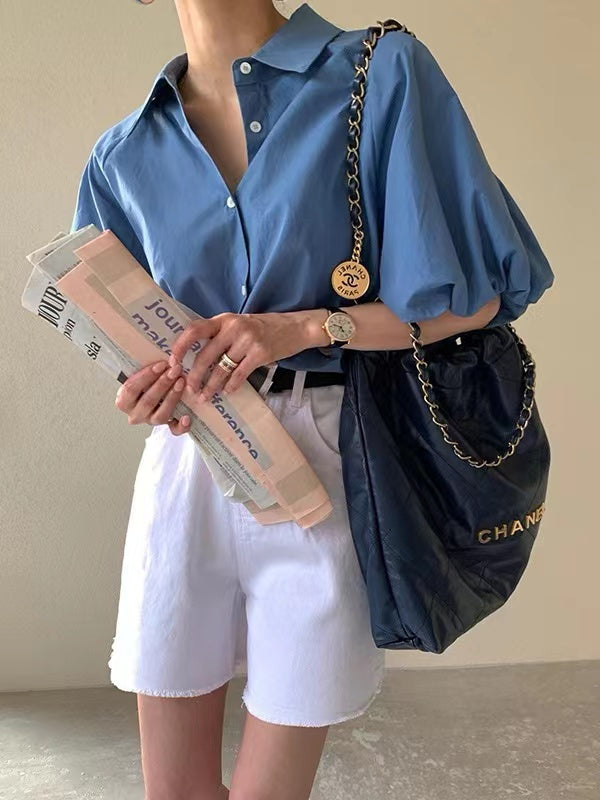 Blue Bubble Sleeve Shirt