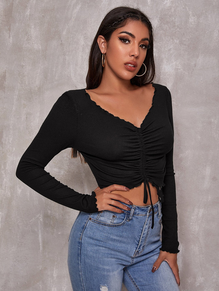 Black Plunge Neck Centre Ruched Top