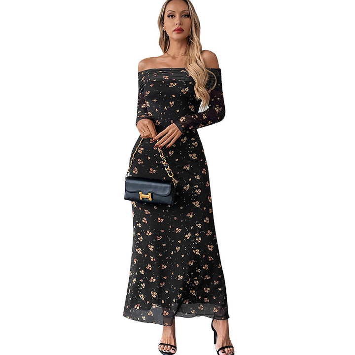 Black Floral Print Broad Neck Maxi Dress