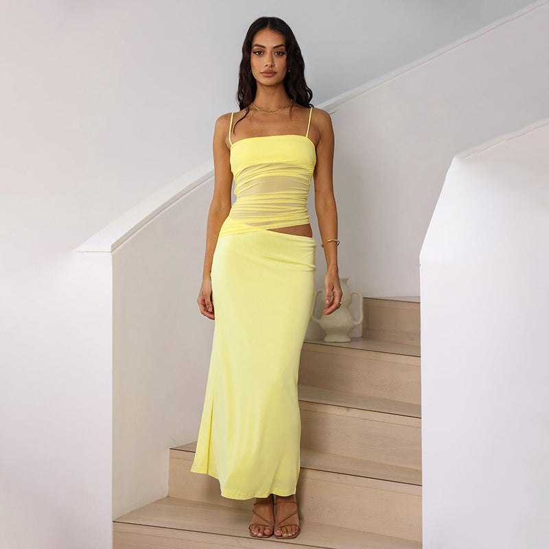 Yellow Strappy Cut Out Mesh Dress