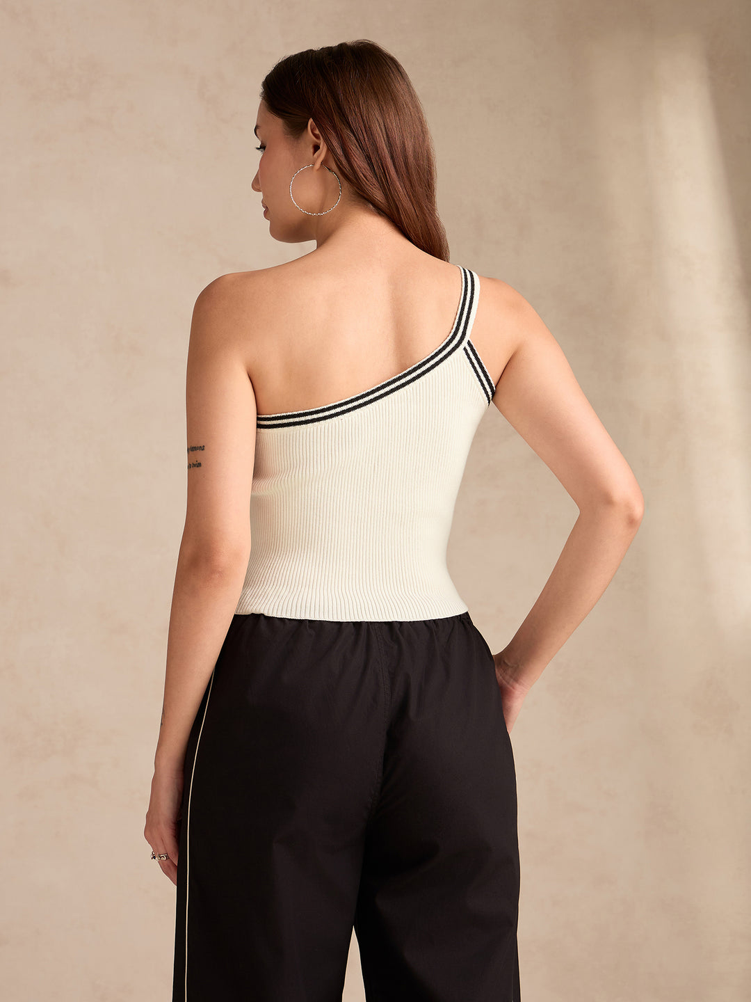 White One Shoulder Flat Knit Tank