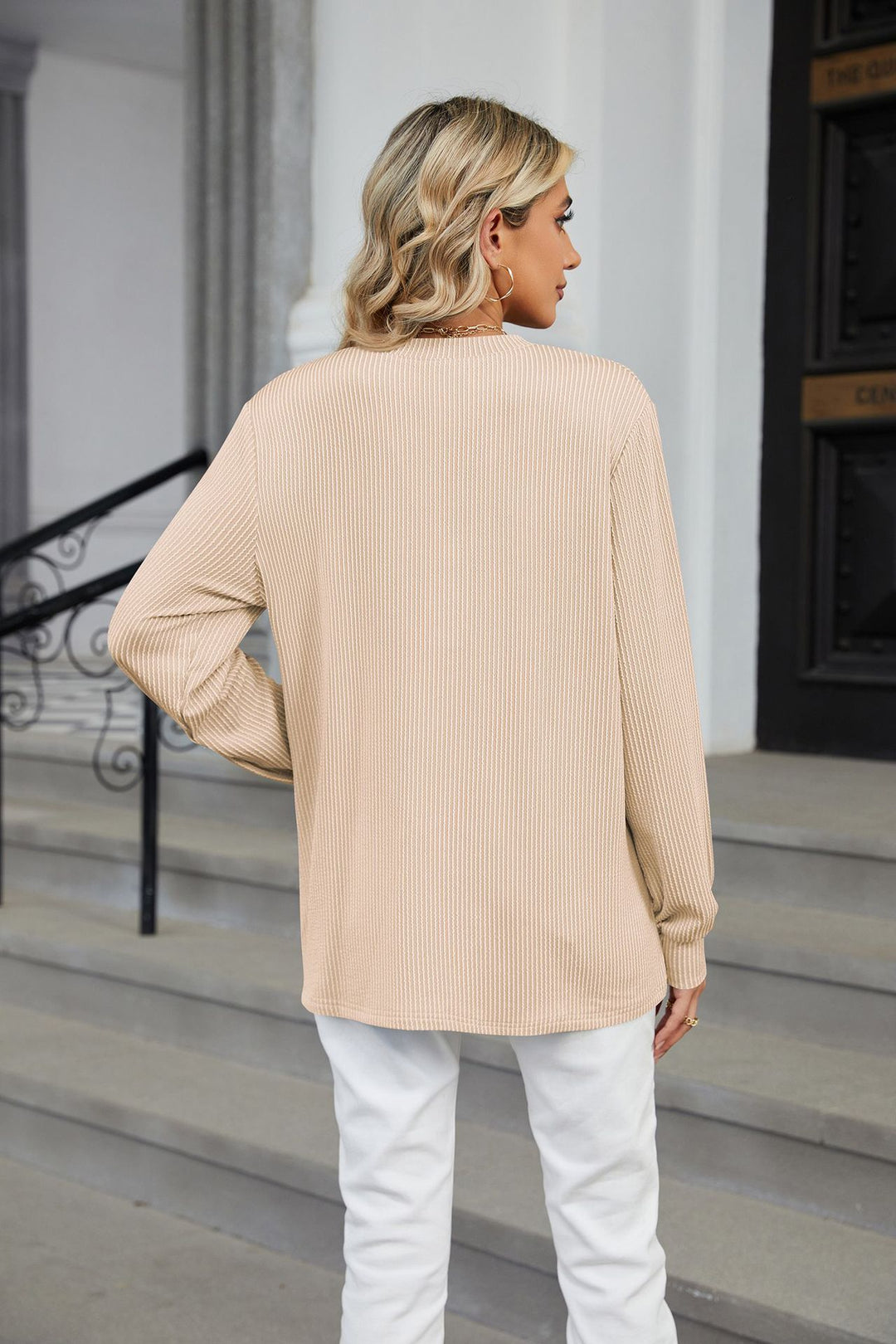 Cream Full Sleeves V Neck Top