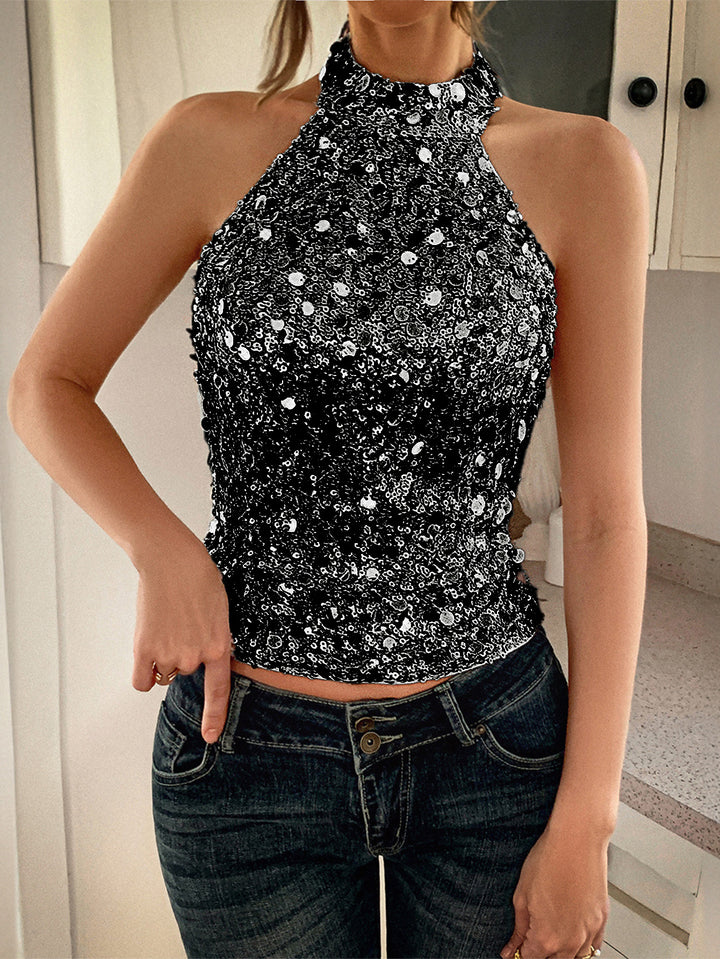 Black Sequined Halter Neck Top