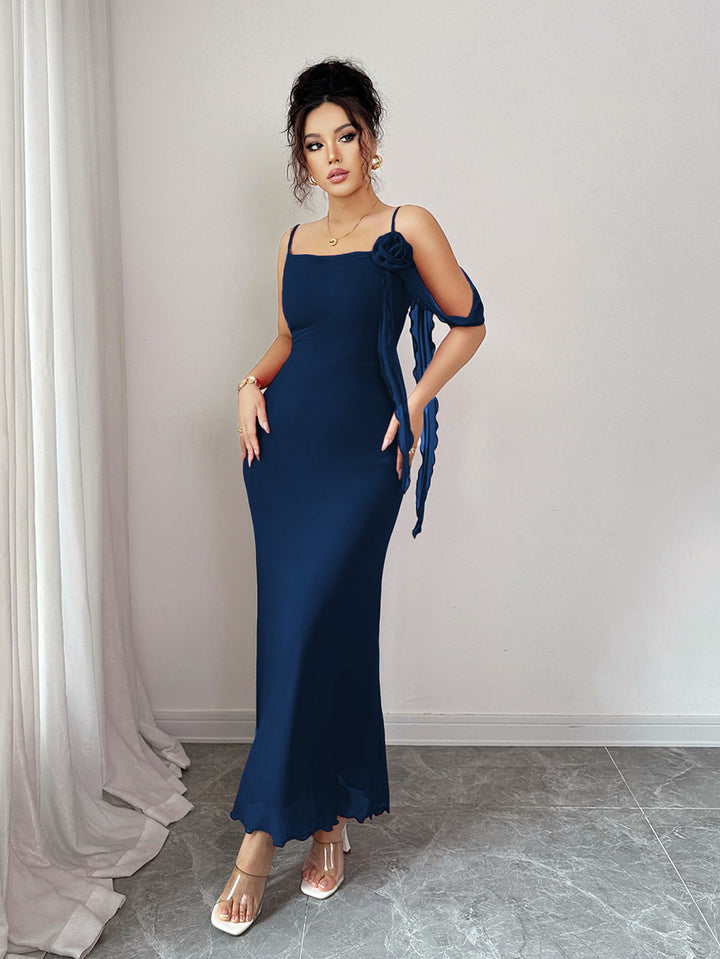 Blue Spaghetti Strap Flower Detail Dress