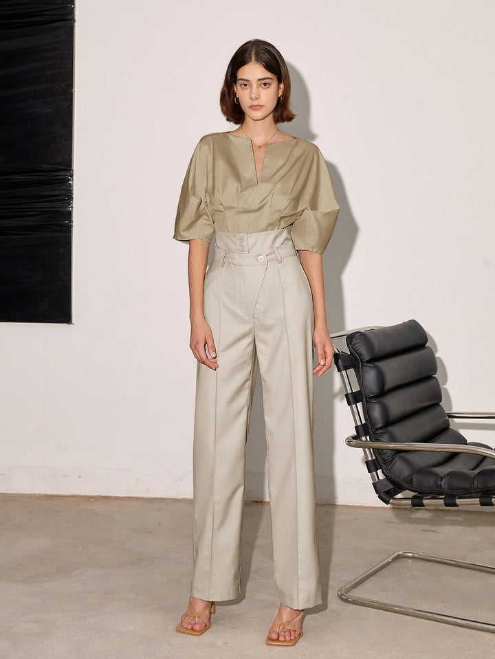 Cream High Waist Side Button Pant