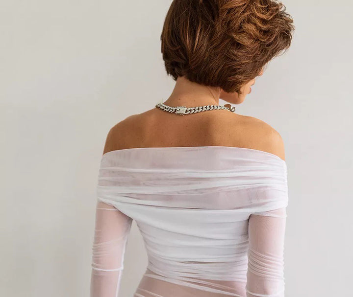 White Off-Shoulder Sheer Mesh Top