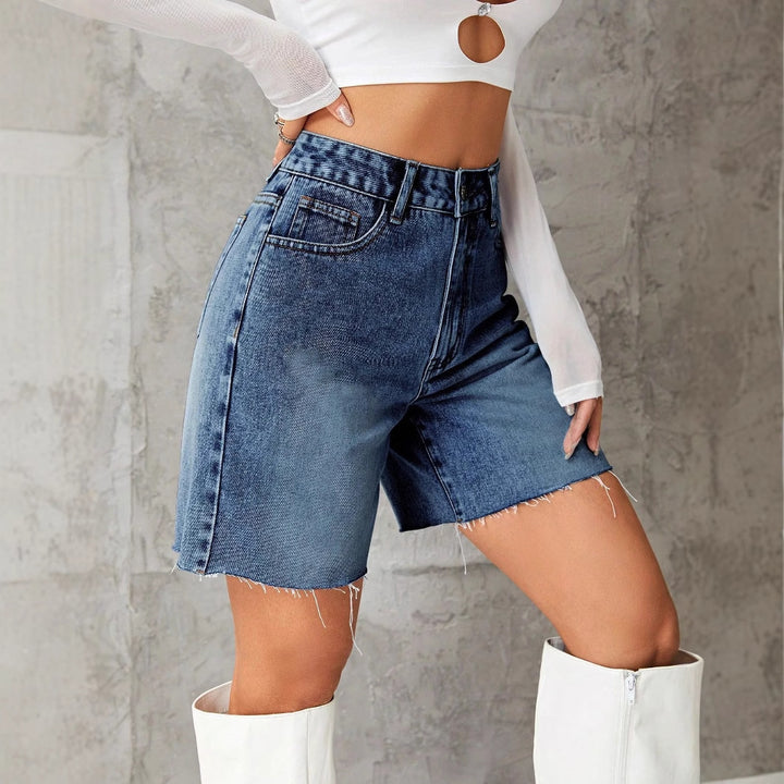 Navy Blue Denim Shorts With Freyed Hem